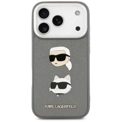 3. Etui Karl Lagerfeld FW Grained Karl & Choupette Heads Pins & Logo na iPhone 17 Pro - szare