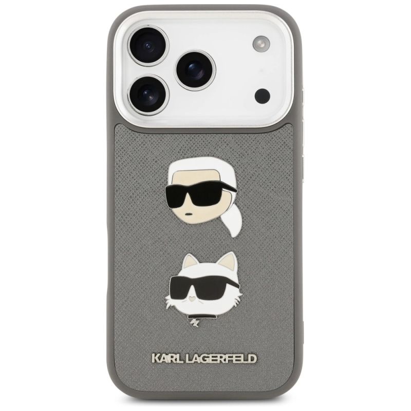 3. Etui Karl Lagerfeld FW Grained Karl & Choupette Heads Pins & Logo na iPhone 17 Pro - szare