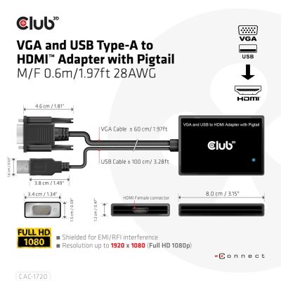 4. CLUB3D CAC-1720 adapter kablowy 0,6 m HDMI Typu A (Standard) VGA (D-Sub) + USB Czarny