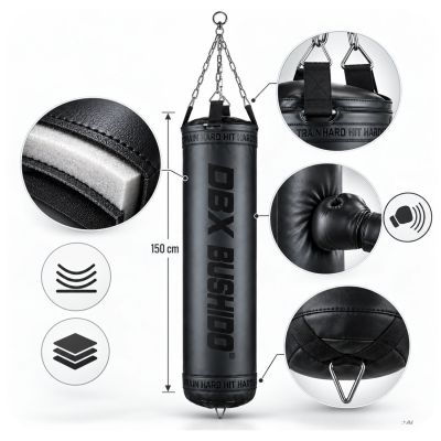 9. Worek bokserski PREMIUM + obręcz SBRX Black  Pusty - 150cm | DBX Bushido