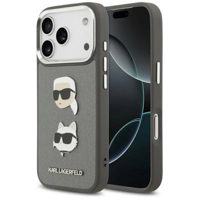 Etui Karl Lagerfeld FW Grained Karl & Choupette Heads Pins & Logo na iPhone 17 Pro - szare