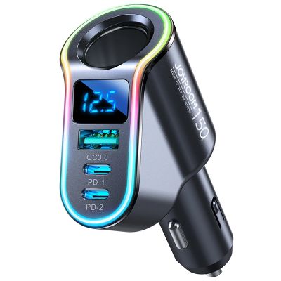 9. Joyroom szybka ładowarka samochodowa 4w1 USB-A QC3.0 / 2xUSB-C PD 150W czarna (JR-CL21)