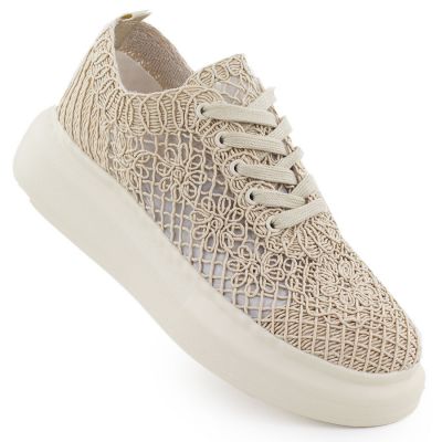 Półbuty damskie na platformie koronkowe beżowe Vinceza 17371