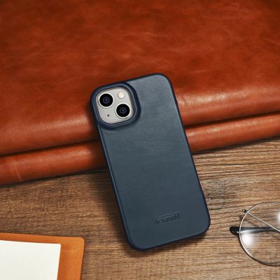 25. iCarer CE Oil Wax Premium Leather Folio Case skórzane etui iPhone 14 Plus z klapką magnetyczne MagSafe niebieski (AKI14220707-BU)