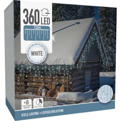 12. LAMPKI CHOINKOWE KURTYNA ŚWIETLNA ZEW 360 LED STEROWNIK TIMER ZIMNY BIAŁY KABEL TRANSPARENTNY