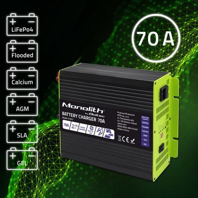 2. Inteligentna profesjonalna ładowarka Qoltec Monolith 51917 do akumulatorów LiFePO4 AGM GEL SLA | 70A | 12V | Szybkie ładowanie