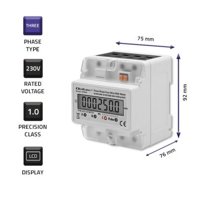 3. QOLTEC LICZNIK ZUŻYCIA ENERGII TRÓJFAZOWY NA SZYNĘ DIN | 230V | LCD | 4P