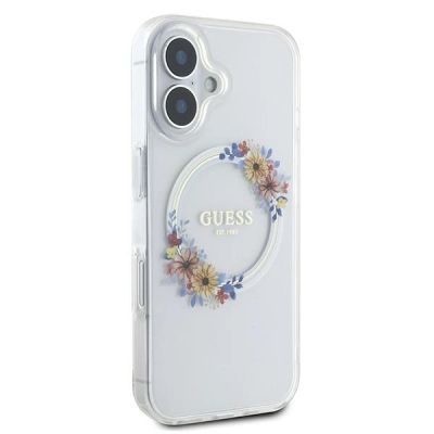 4. Etui Guess IML Flowers Wreath MagSafe na iPhone 16 Plus - przezroczyste