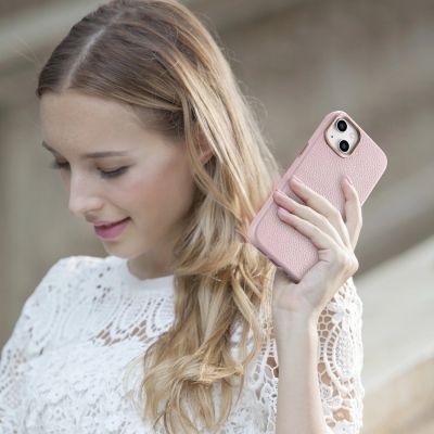 22. iCarer Litchi Premium Leather Case skórzane etui iPhone 14 Plus magnetyczne z MagSafe różowy (WMI14220711-PK)