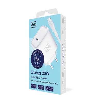 8. Ładowarka sieciowa 3mk Rayo Charger 20W PD3.0 PPS USB-C + kabel USB-C / USB-C 3A 60W - biała