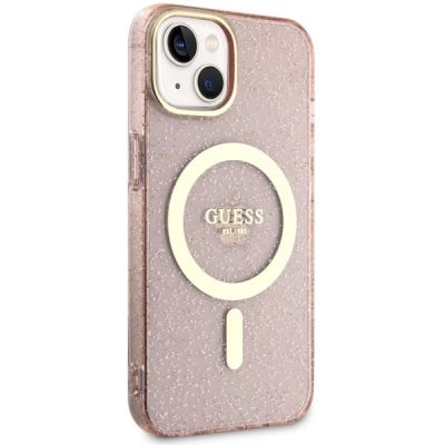 4. Etui Guess Glitter Gold MagSafe na iPhone 14 Plus - różowe
