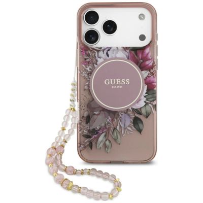 Etui Guess IML Flowers Pearl Strap MagSafe na iPhone 18 Pro / 17 Pro - różowe