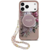 Etui Guess IML Flowers Pearl Strap MagSafe na iPhone 18 Pro / 17 Pro - różowe