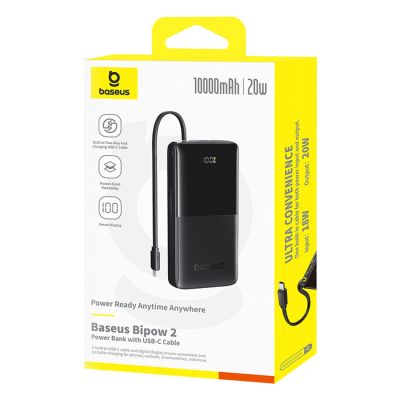 7. Powerbank Baseus Bipow 2 10000mah 20W z cyfrowym wyświetlaczem z wbudowanym kablem USB-C - czarny