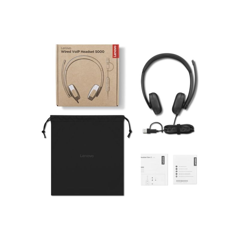 9. Przewodowy zestaw słuchawkowy VoIP Lenovo 5000 z mikrofonem, USB A/C, Czarny