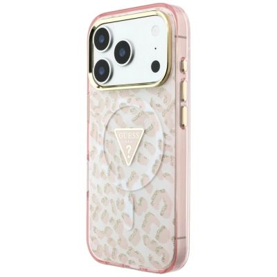 2. Etui Guess IML Leopard Glitter Triangle Logo MagSafe na iPhone 17 Pro / 18 Pro - różowe