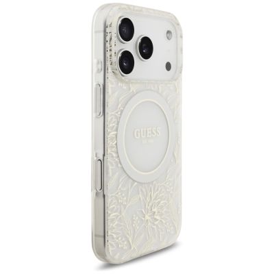 4. Etui Guess IML Flowers Electro Pearl Strap MagSafe na iPhone 17 Pro - białe