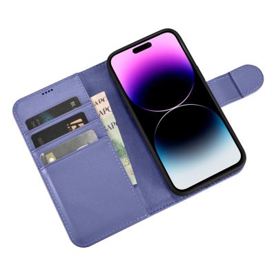 10. iCarer Wallet Case 2in1 etui iPhone 14 Pro Max skórzany pokrowiec z klapką Anti-RFID jasnofioletowy (WMI14220728-LP)