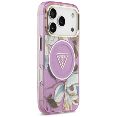 4. Etui Guess IML Glitter Flowers Triangle MagSafe na iPhone 17 Pro / 18 Pro - fioletowe