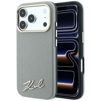 Etui Karl Lagerfeld Saffiano Small Script Metal Logo MagSafe na iPhone 17 Pro Max / 18 Pro Max - beżowe