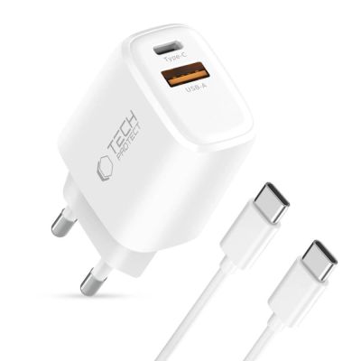 2. Ładowarka sieciowa Tech-Protect NCA20 PD 20W QC3.0 USB-A / USB-C + Kabel USB-C / USB-C 100cm - biała