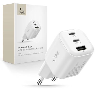 Ładowarka sieciowa Tech-Protect NCA100W-GaN 3-Porty PD 3.2 100W / QC3.0 - biała