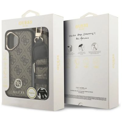 9. Etui Guess 4G Strass Logo & Big Strap Metal Buttons MagSafe na iPhone 17 - brązowe