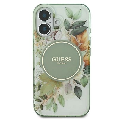 3. Etui Guess IML Flower & Tonal Circle MagSafe na iPhone 16 Plus - zielone