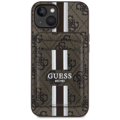 2. Etui Guess 4G Stripes z portfelem Magsafe do iPhone 15 brązowy