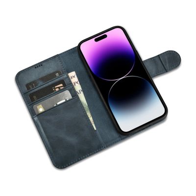 9. iCarer Oil Wax Wallet Case 2in1 etui iPhone 14 Pro skórzany pokrowiec z klapką Anti-RFID niebieski (WMI14220722-BU)