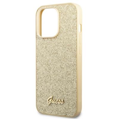 6. Etui Guess Glitter Script na iPhone 14 Pro - złote