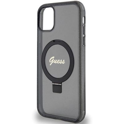 6. Etui Guess Ring Stand Script Glitter MagSafe na iPhone 11 / Xr - czarne