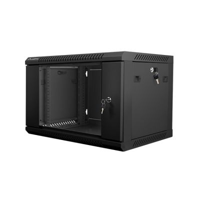 2. Szafa jednosekcyjna, zamykana na zamek Lanberg WF01-6406-10B (6U; 368mm / 600mm / 450 mm; wisząca; Szklane; 19''; kolor czarny)