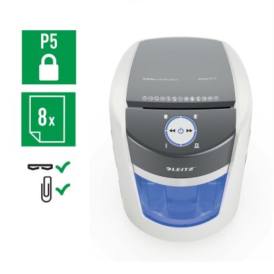 6. Niszczarka Leitz IQ OptiMax Small Office 350, 22l, P5, 8 kartek, Automatyczny Start/Stop, Funkcja cofania, Obrotowy pojemnik - 33% większa pojemność na ścinki