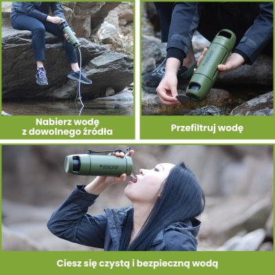 12. Extralink PURISOO+ BUTELKA Z SYSTEMEM FILTRUJACYM Z POMPKA 400ML FILTR UF + ACF Butelka filtrująca wodę 0,4 l Zielony, Oliwkowy
