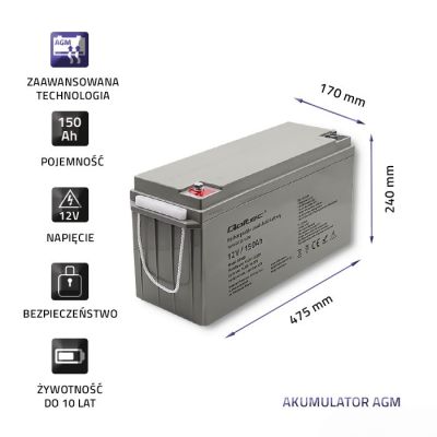 4. QOLTEC AKUMULATOR AGM 12V | 150AH | MAX.2250A