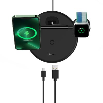 7. Baseus Swan ładowarka indukcyjna (kompatybilna z MagSafe) stojak do iPhone, Apple Watch, AirPods + kabel USB-C 1m czarny (WXTE000101)