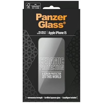 4. Szkło ceramiczne PanzerGlass Ceramic Protection na iPhone 15 z pozycjonerem