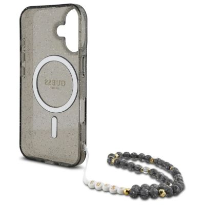 6. Etui Guess IML Glitter With Pearl Strap MagSafe na iPhone 16 - czarne