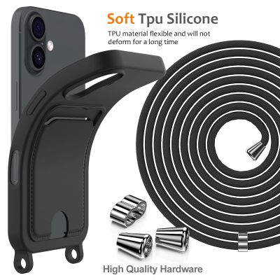 7. Etui na iPhone 17 z TPU z uchwytem na kartę i smyczą crossbody - czarne