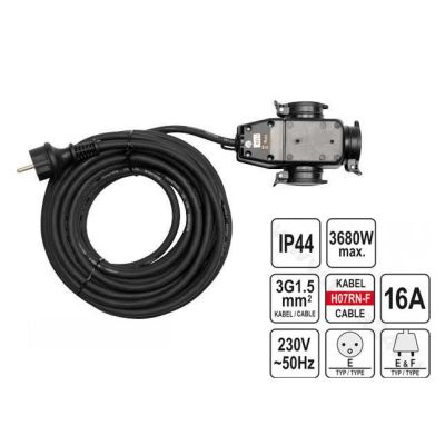 2. Yato YT-81162 rozgałęziacz 20 m 3 x gniazdo sieciowe Wewnątrz/Na wolnym powietrzu Czarny