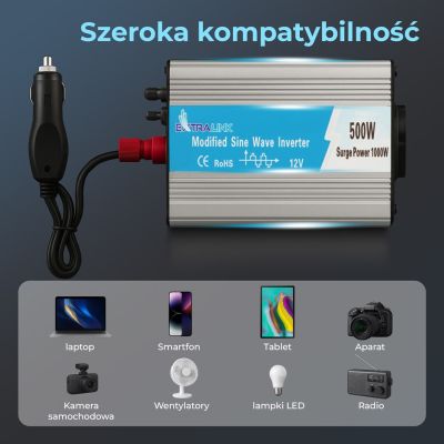 16. Przetwornica samochodowa Extralink OPIM-500W 12V 500W modyfikowany sinus