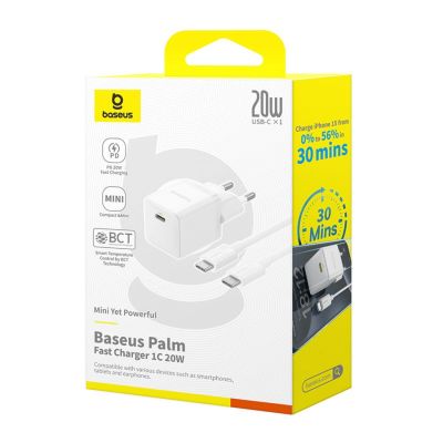 9. Ładowarka sieciowa Baseus Palm 1C 20W (z kablem Baseus Mini White USB-C 60W (20V/3A) 1m) - biała