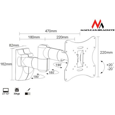 3. Uchwyt ścienny do monitora Maclean MC-503S (Obrotowy, ścienne, Uchylny; 23" - 42"; max. 30kg)