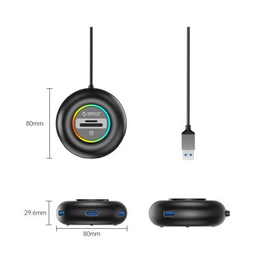 2. Hub USB Orico YXR5-U3 RGB 4-portowy USB-A 3.0 z czytnikiem kart SD i microSD 0,3 m - czarny