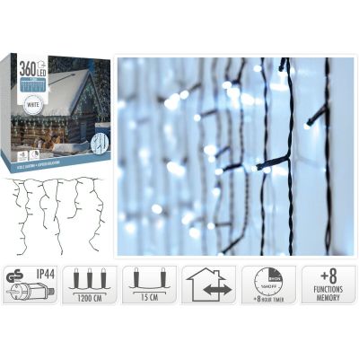 26. LAMPKI CHOINKOWE KURTYNA ŚWIETLNA ZEW 360 LED STEROWNIK TIMER ZIMNY BIAŁY KABEL ZIELONY