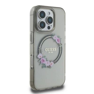 4. Etui Guess IML Flowers Wreath MagSafe na iPhone 16 Pro - czarne