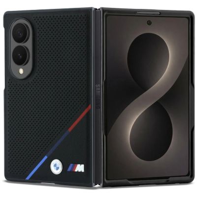Etui BMW M Leather Perforated Tricolor Stripe Metal Logos MagSafe na Samsung Galaxy Z Fold 8 - czarne