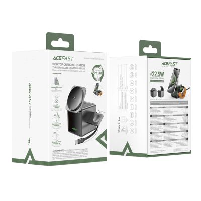 8. Ładowarka indukcyjna Acefast E34 22,5W 3w1 z wbudowanym kablem na smartfon słuchawki smartwatch - szara