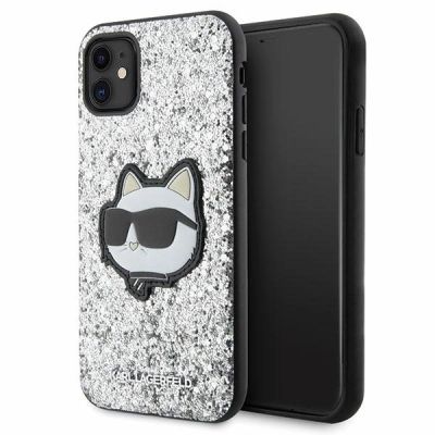 Etui Karl Lagerfeld Glitter Choupette Patch na iPhone 11 / Xr - srebrne